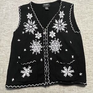 Designer Originals Studio Joy Women's Sweater Vest M Black White Snowflake Embro